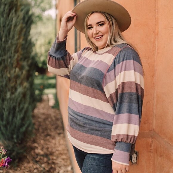 Ces Femme Tops - Ces Femme Balloon Sleeve Striped Top